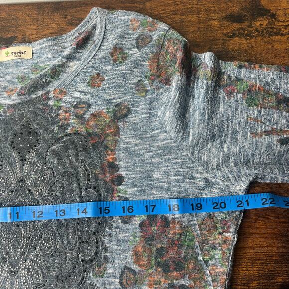 Vintage Cactus Y2K Rhinestone Embellished Top L Floral Western 3/4 Sleeve Boho - Picture 9 of 10